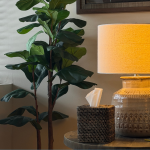 Peaceful therapy office with a lamp on the side table and plant in the left corner